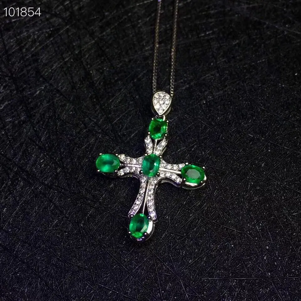 Natural Emerald S925 Sterling Silver Pendant Elegant and  3mm*4mm Emerald Necklace Silver Cross Pendant with Gold Plating