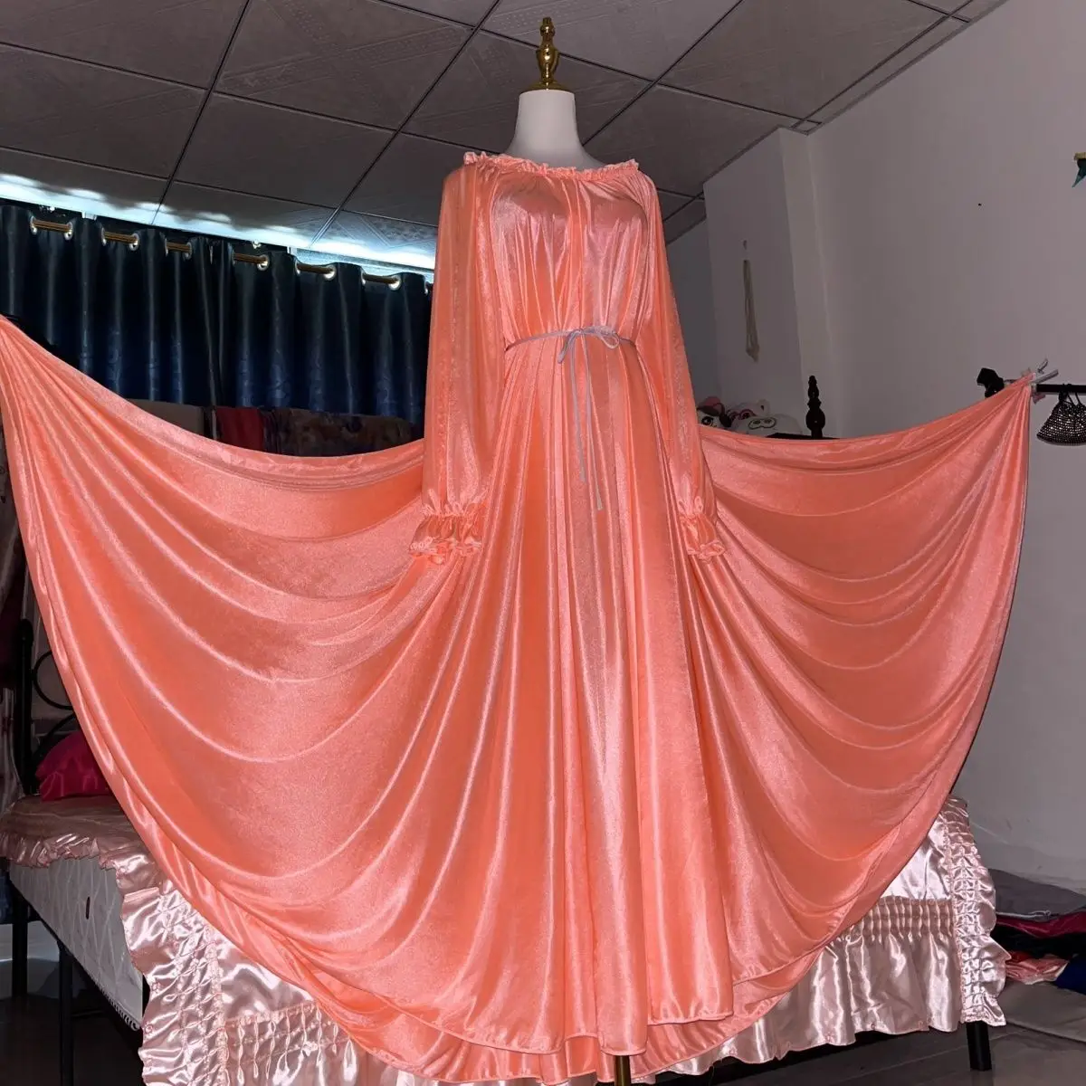 Glossy Ice Silk Ruffles Women Satin Ruffles Long Maxi Dress Elegant Dresses