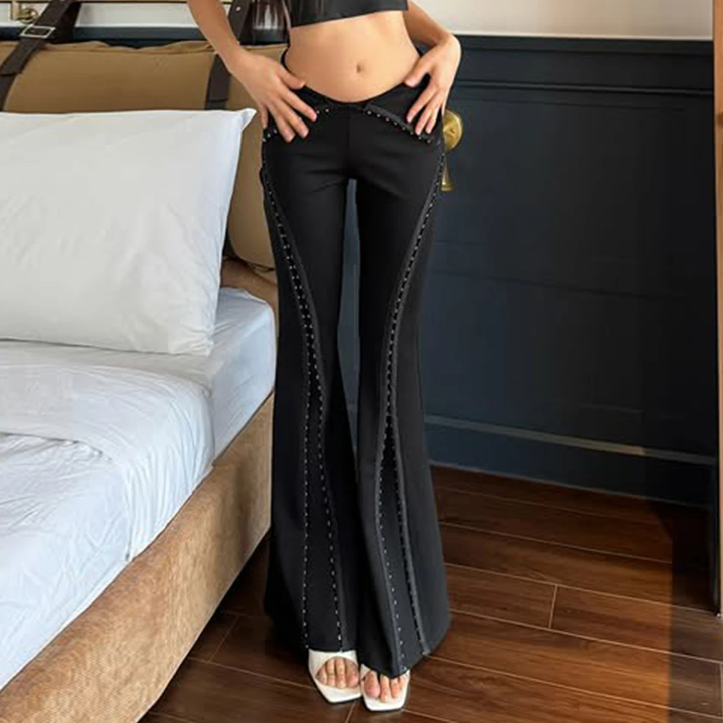 Street Fashion Buckle Design Elastic Micro Flared Knitted Pants Women Elegant Slim-Fitting Low Waist Black Trousers Chic Bottoms
