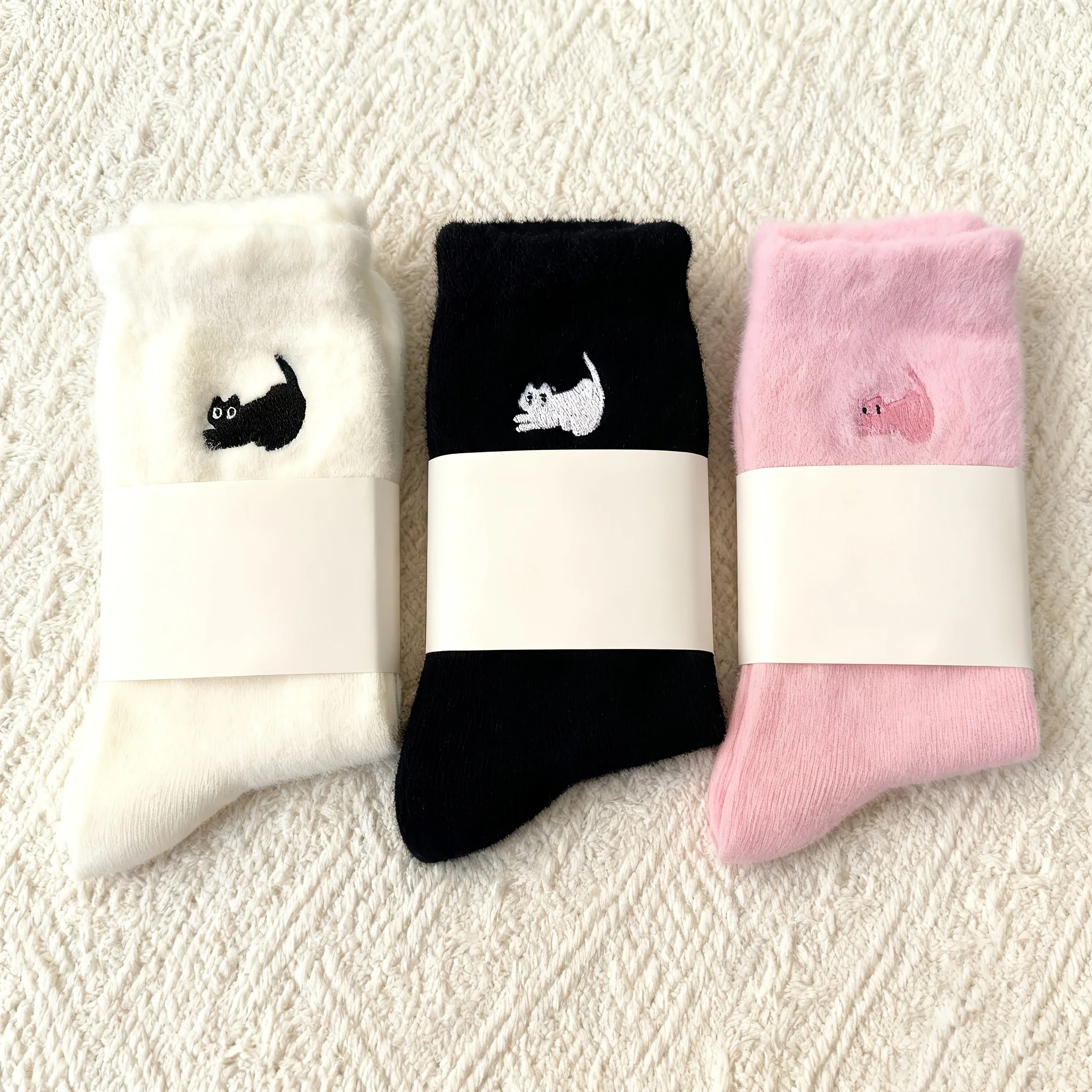 

3 пары осенне-зимних женских толстых норковых меховых модных, милых и милых универсальных теплых шерстяных носков с рисунком кота
