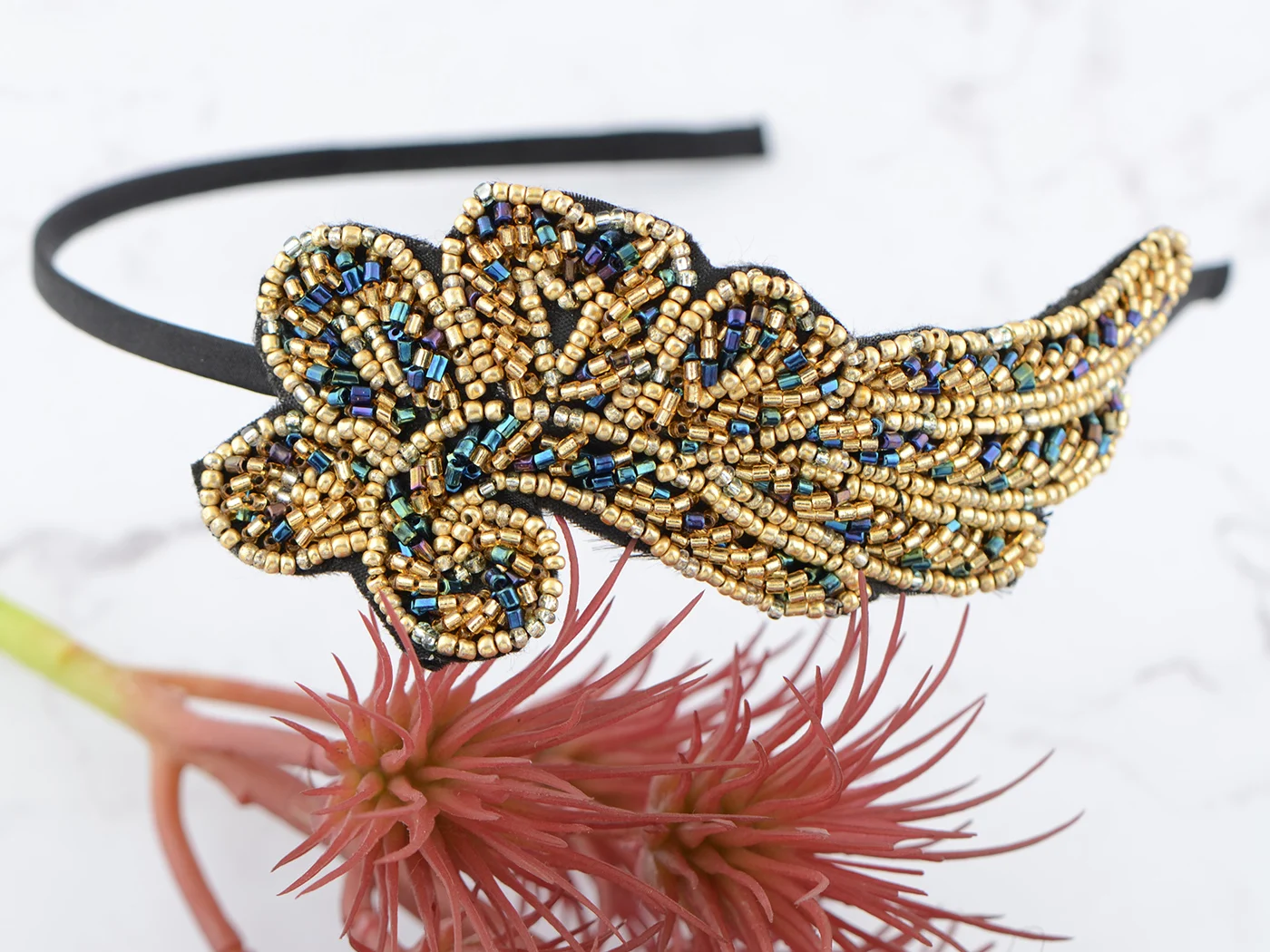 Women\'s Vintage 1920s Hand-Beads Retro Big Flower Leaf Flapper Headband, Gold