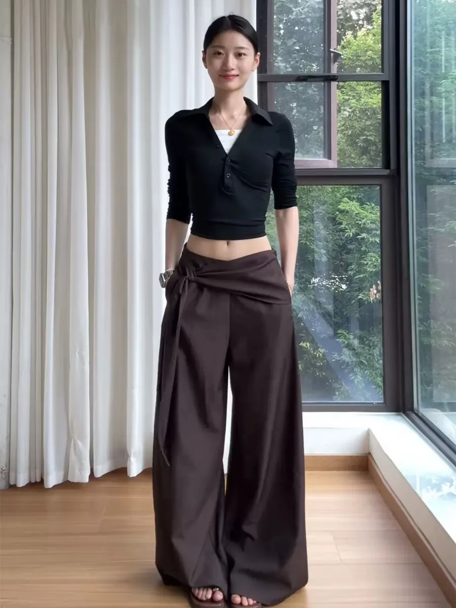 กางเกงขายาวเอวสูงทรงหลวมสไตล์ลำลองสำหรับฤดูใบไม้ร่วงและฤดูหนาว รุ่นใหม่ ทรงหลวม พร้อมเข็มขัด สีน้ำตาลกาแฟ ช่วยให้ดูผอมลง เหมาะสำหรับคนไซส์ใหญ่