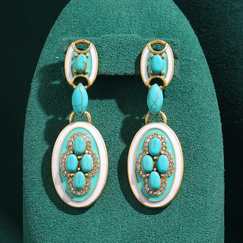 

Women Vintage Drop Turquoise Earrings Oval Antique Gold Plated For Evening Dress Charm Classic Elegance Jewelry 2026 New Trends