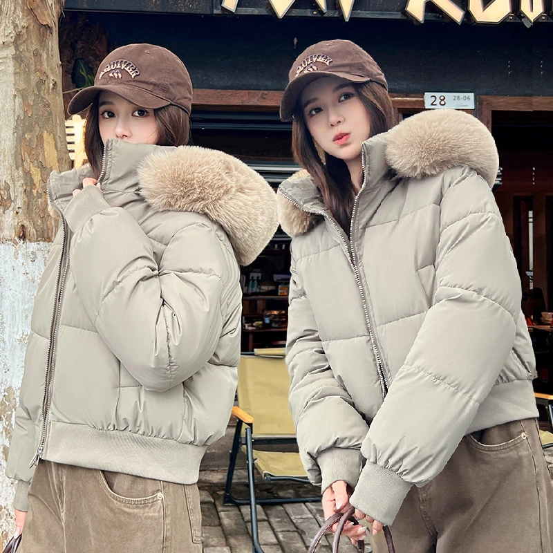 

Winter Down Cotton Padded Jacket Loose Short Parka Coat Fur Collar Stand Collar Hooded Cotton Jacket Casual Warm Fashionable Top