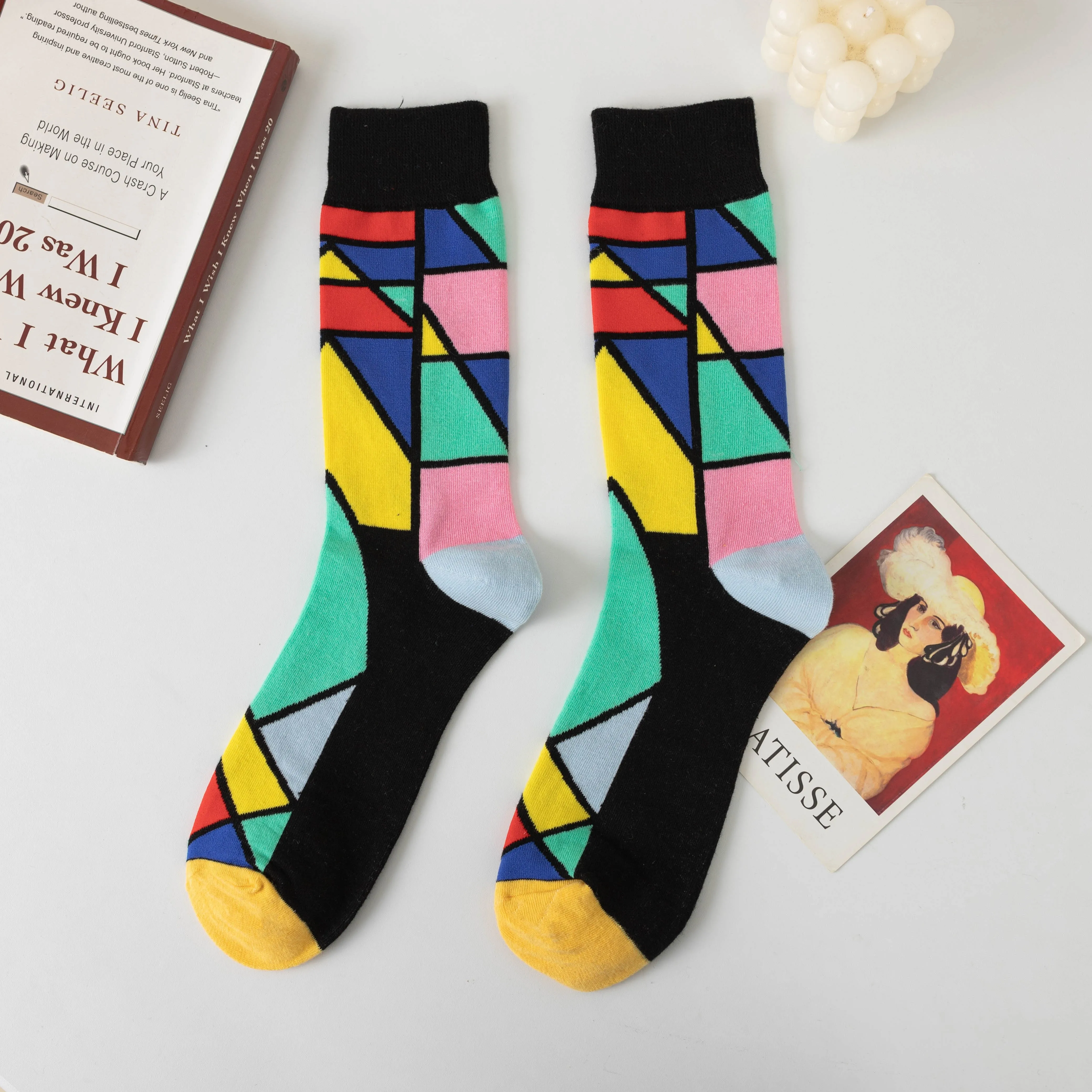 5 Pairs New Men and Women Couple Socks Geometric Color Triangle Plaid Stripe Contrast Color Fashion Trend Harajuku Style Tube So