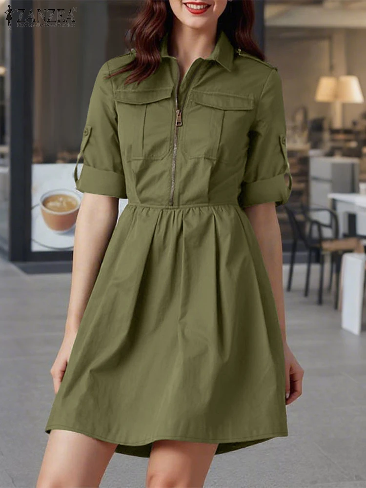 Zanzea feminino camisa longa vestido de carga verão manga longa mini vestido de verão 2025 moda solta zíper lapela sólido curto casual vestidos