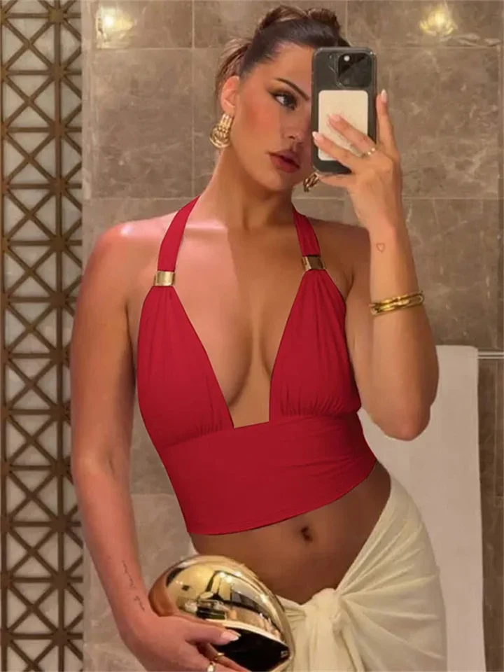 

Metallic Sexy V-Neck Tank Top For Women Off-Shoulder Cropped Patchwork Solid Summer 2025 Y2k Top Female Lace-Up Vest Top