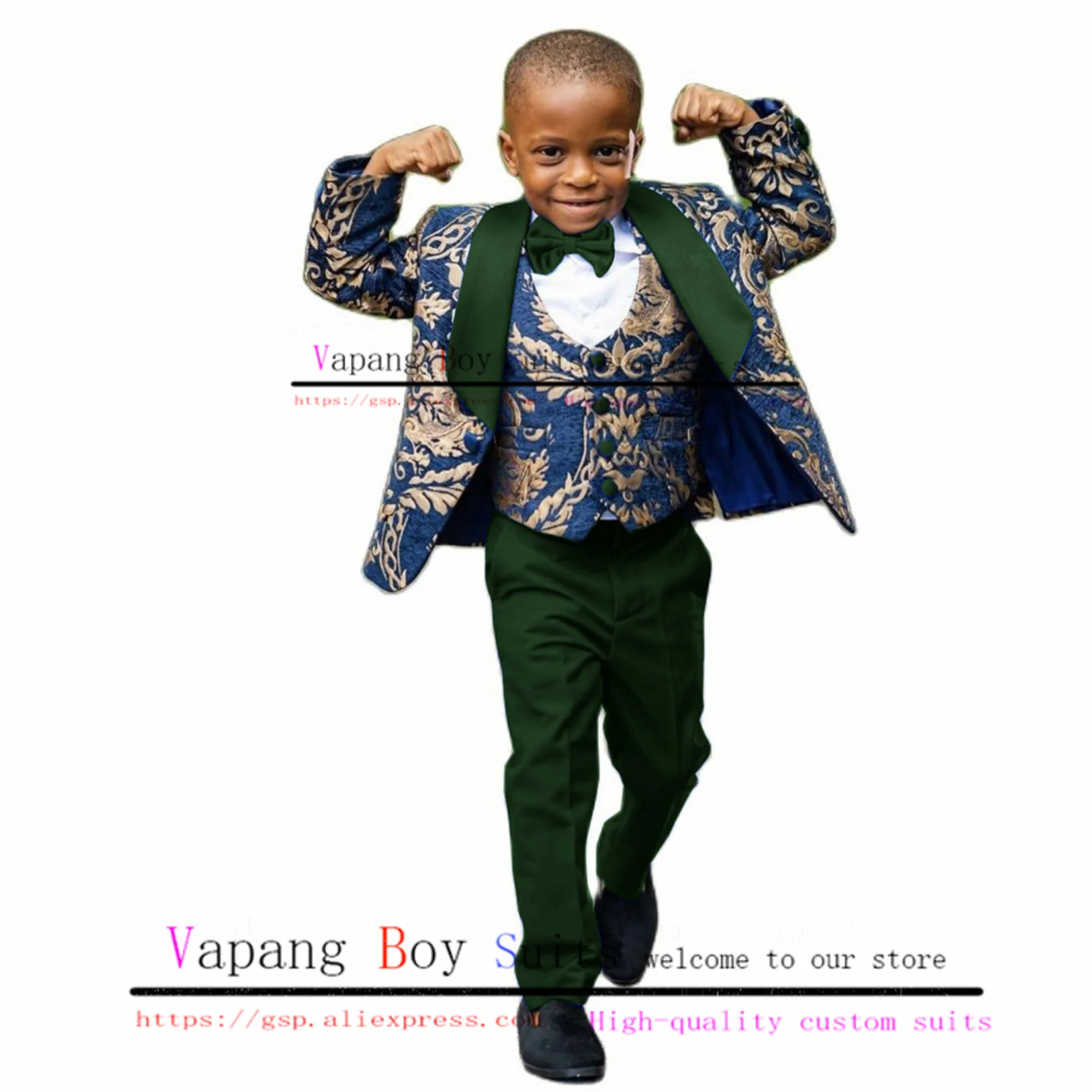 Fashion Pattern Boys Suit Jacket Pants Vest 3 Piece Wedding Tuxedo Royal Blue Formal Kids Blazer Set