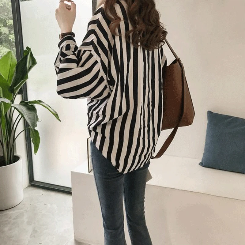 2024 New Summer Korean Style Retro Elegant Fashion Loose Casual Women\'s Shirt Striped Pockets Button Lapels Long Sleeve Y2K Tops