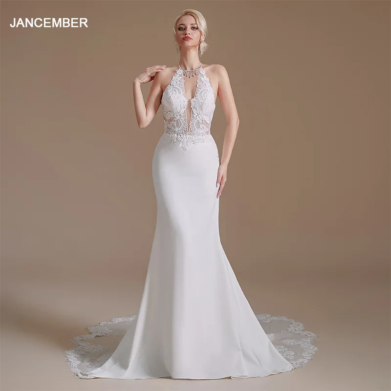 

Simple Soft Satin Mermaid Wedding Dresses Halter Sleeveless Side Backless Beach Bride Dress vestidos novias boda QD06162
