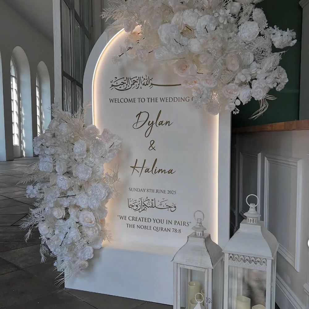 

Custom Logo Wedding Entrance Welcome Sign Backdrop LED Elegant White PVC Backdrop Panel Arch For Events