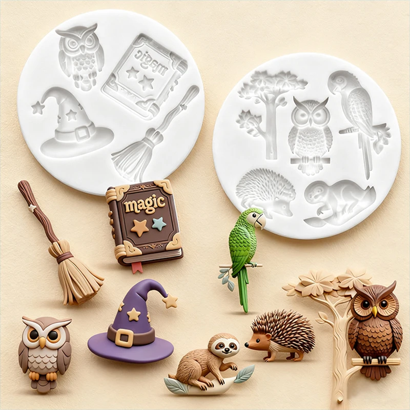 Owl Witch Halloween silicone mold Broom Magic Hat Hedgehog Tree Parrot Animal shape DIY handmade chocolate candy mold