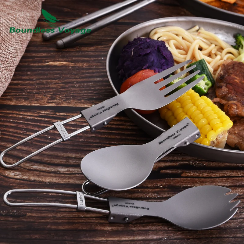Titanium Camping Tableware Portable Cutlery Folding Spoon Fork Spork Chopsticks Outdoor Picnic Flatware Set Boundless Voyage Hot