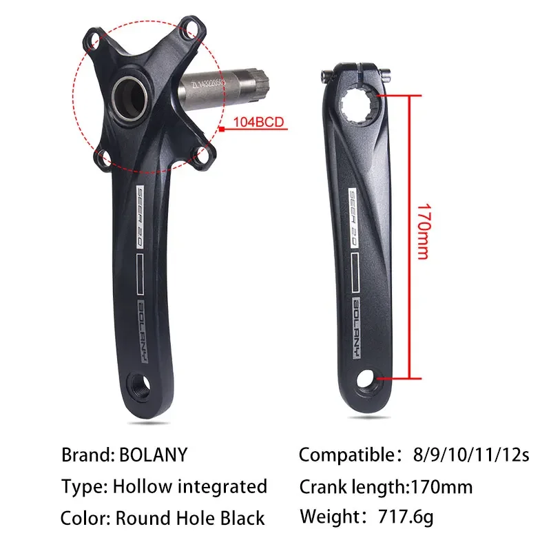 Bolany-Pédalier intégré creux, plateau simple, bras de manivelle de vitesse pour vélo VTT, 104 BCD, 170mm, 34t, 36t, 8, 9, 10, 11, 12