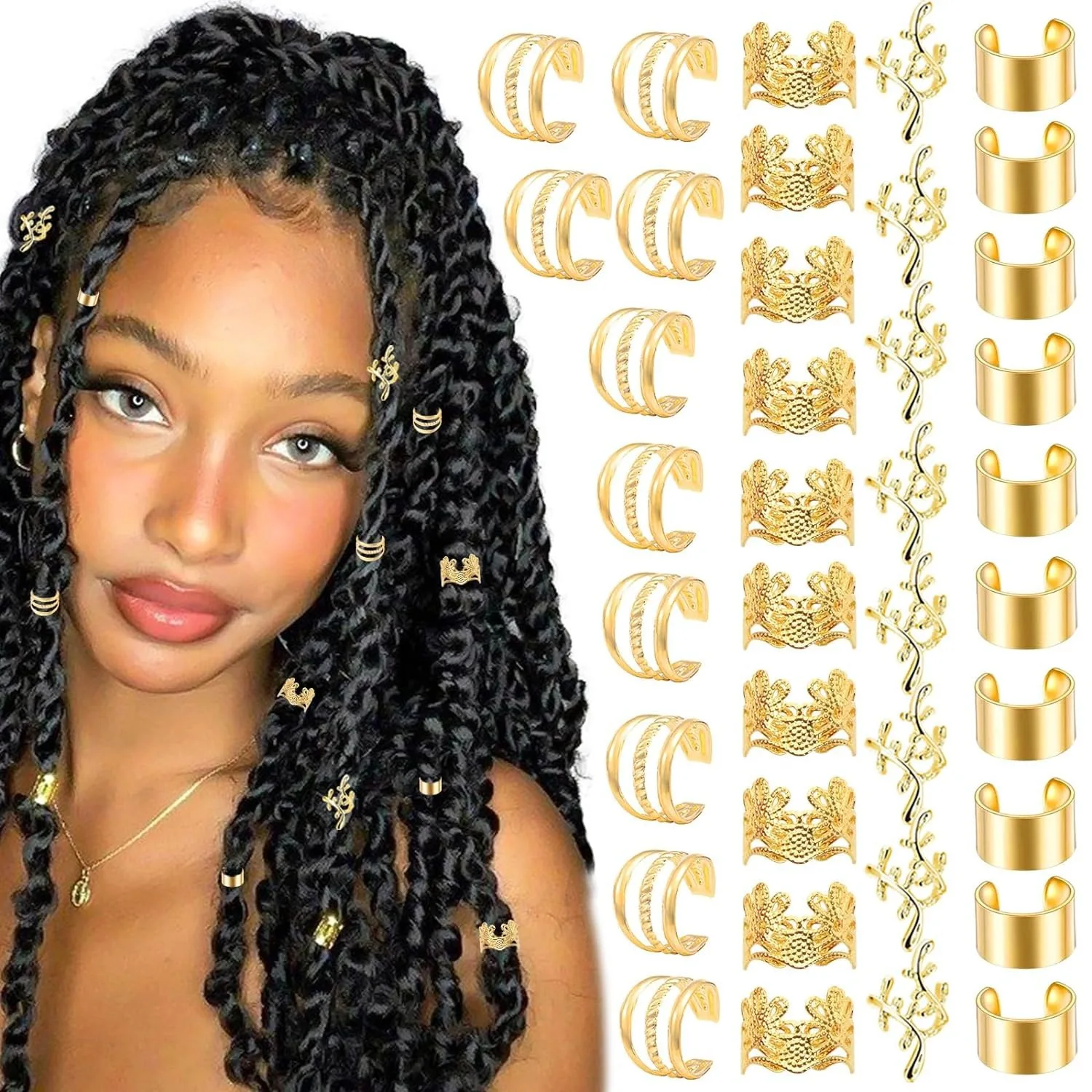 400PCS Hair Jewelry for Braids Gold Hair Cuffs Multi Style Rings Adjustable Hair Beads for Braid Loc Dreadlock Accessories