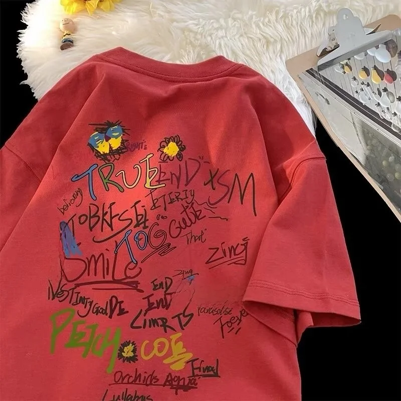 Loose Fit Men's ort Sve T-irt round Ne fiti Print Casual Top for Summer Youth Faion Qui Dry Heat Transfer