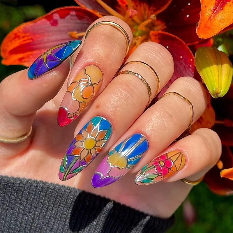

24pcs Rainbow Ombre Almond False Nails Long Stiletto - Silver Glitter Irregular Stripe & Floral Design Full Cover Press on Nails