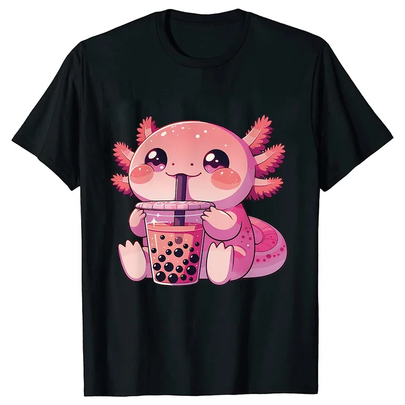 Summer Women Clothing Kawaii Bubble Tea Boba Axolotl Tees Casual Short Sleeved T-shirt Fashion Female Harajuku Graphic Y2k Tops