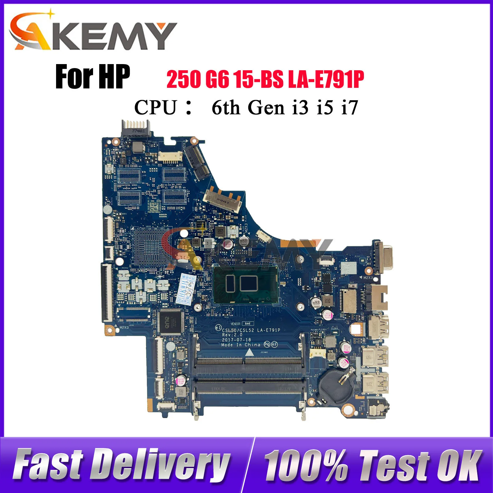 LA-E791P Laptop Moederbord Voor HP 250 G6 15-BS Met i3 i5 i7 6e Gen CPU UMA 924750-001 924750-601 100% Volledig Getest