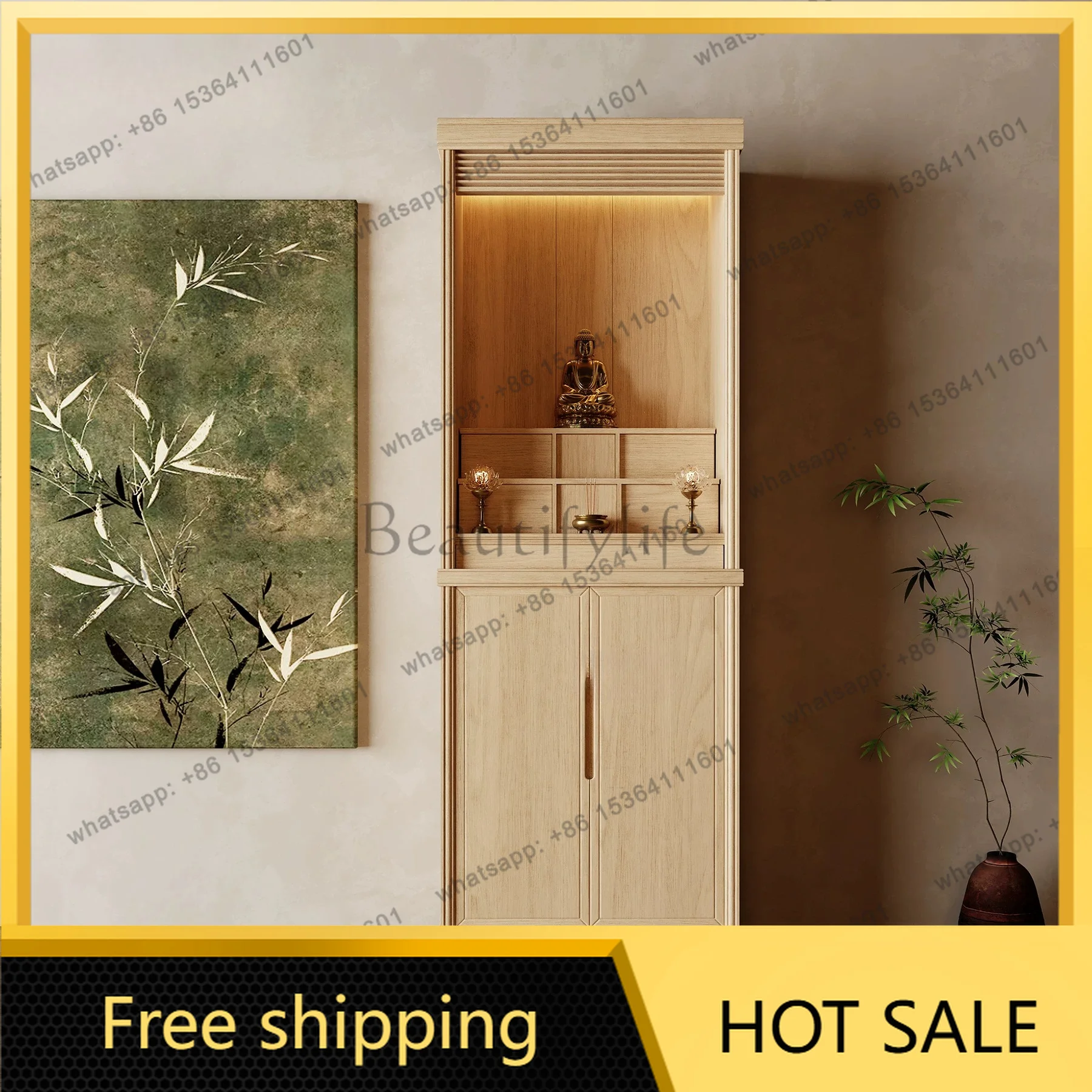YJ New Chinese Solid Wood Standing Shrine Cabinet Small Home Altar Stand For Guanyin God of Wealth With Door