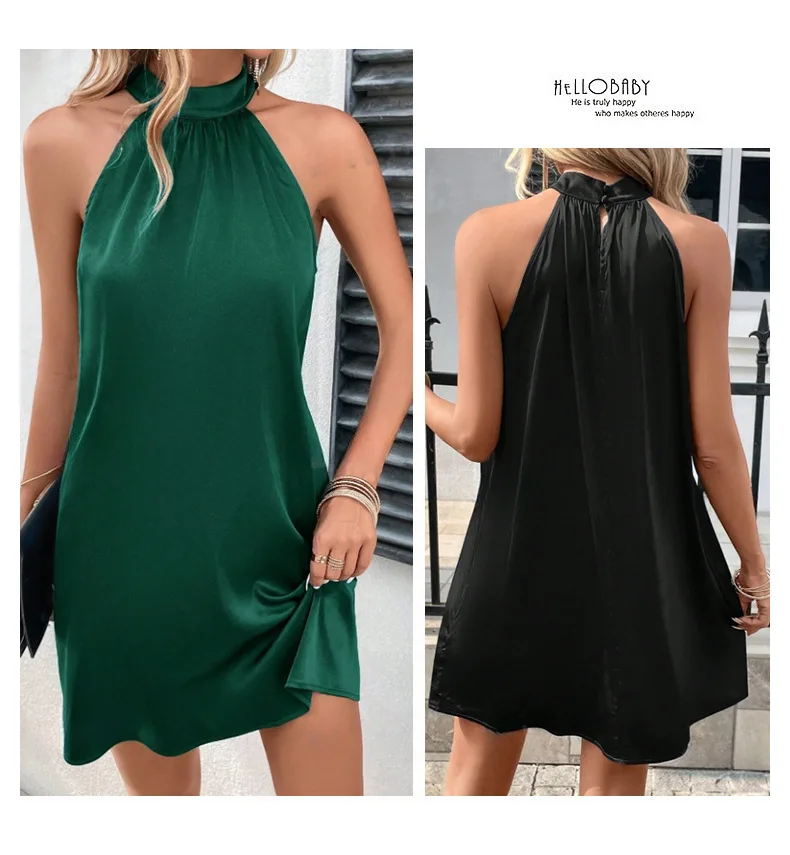 Sleeveless dress, satin satin neck mid-length dress