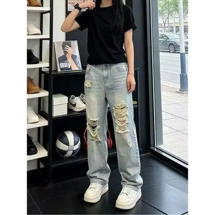 Light Blue Ripped Jeans Men Summer Thin Fashion Brand Micro Flared Long Pants American High Street Straight Leg Trousers