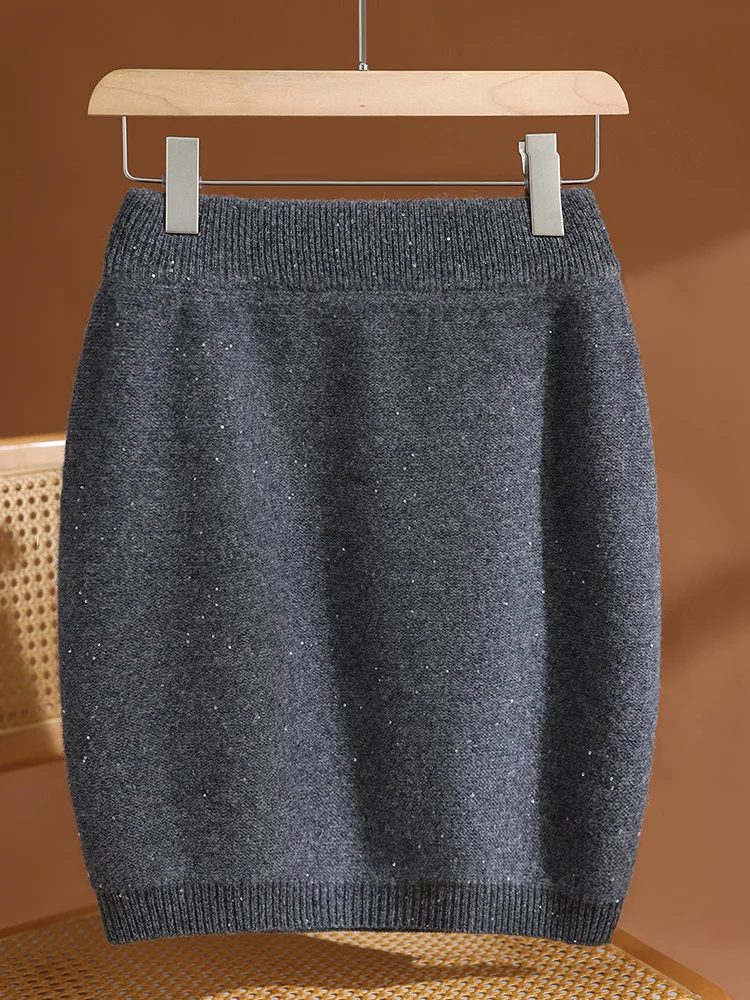 

Autumn Winter Women's Wool Skirt High Waist Thicken Sequin Mini Skirt Slim Above Knee Office Lady Dress 100% Merino Wool Knitted
