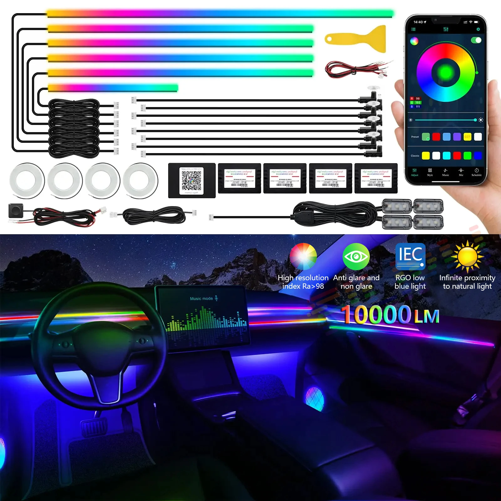 22 In 1 Full Color Streamer Car Ambient Lights RGB 64 Color Universal LED Interior Hidden Acrylic Strip Symphony Atmosphere Lamp