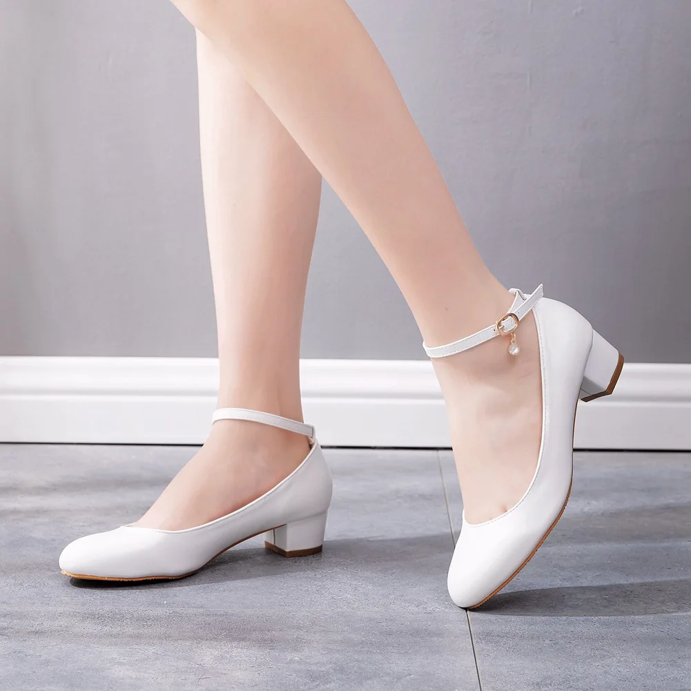 Newest Style Sexy Women Pumps Round Toe Wedding Solid PU 3.5CM Square Heel Buckle Strap Professional Women's Shoe White