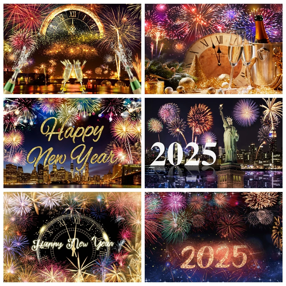 

2025 Happy New Year Fireworks Photography Backdrop New Year Eve Clocks Champagne Family Party Christmas Background Photo Studio