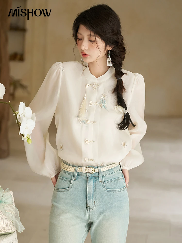 MISHOW Chinese Sweet Tassel Stand Collar Shirt for Women Spring 2024 Flower Embroidery Concentric Knot Buckle Shirts MXD14C0228