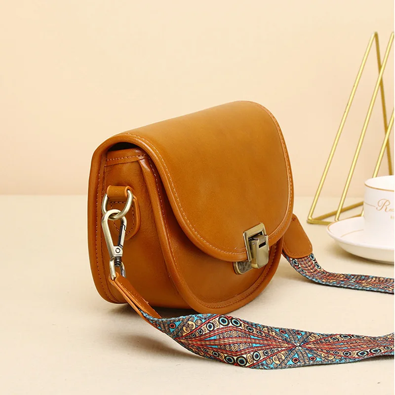 Female Half Round Saddle Bag Women Genuine Leather Messenger Bags Lady\'s Solid Color Vegetable Tanned Leather Shoulder Bag 2023