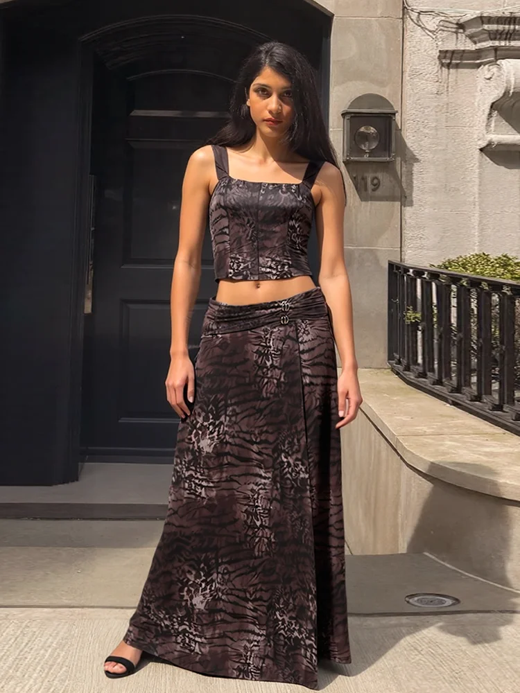 Weird Puss Sexy Tiger Print 2-teiliges Set für Damen, quadratischer Kragen, gerafft, ärmelloses Tank-Top + Metallschnalle, gerüschte Röcke, Straßenanzüge