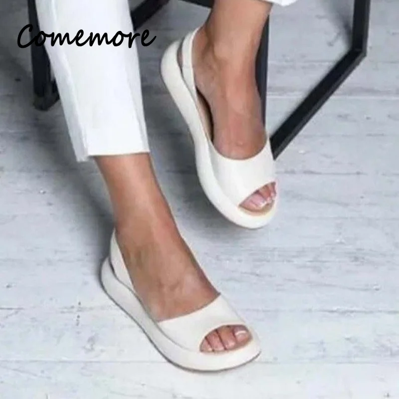 2024 New Summer Shoes Women New Plus Size 43 Women\'s Platform Sandals with Low Heels Leather White Flat Sandal Woman 43