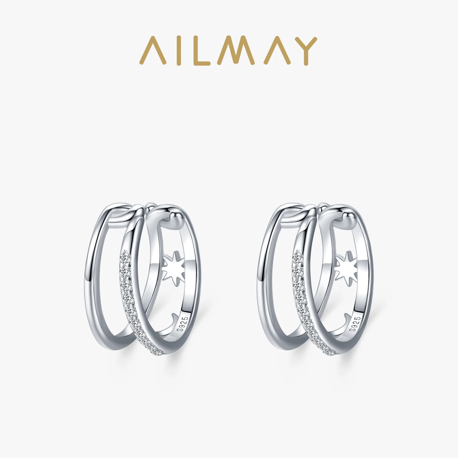 Ailmay 100% Стерлинговое Серебро 925 пробы, модные очаровательные серьги-клипсы с Луной и звездой, прозрачные фианиты для женщин и девушек, аксессуары для вечеринок, ювелирные изделия