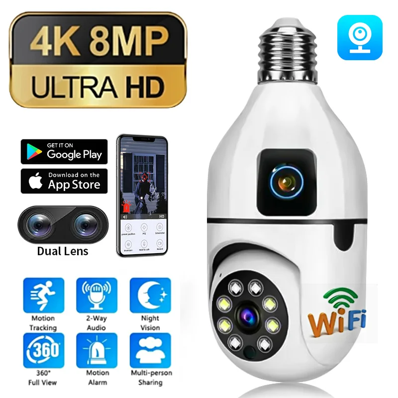 

8MP E27 Bulb WIFI Camera Dual Lens Smart Home 2.4G Surveillance AI Human Tracking Voice Alarm Two-way Audio HD Night Color Cam