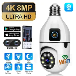 8MP E27 Bulb WIFI Camera Dual Lens Smart Home 2.4G Surveillance AI Human Tracking Voice Alarm Two-way Audio HD Night Color Cam