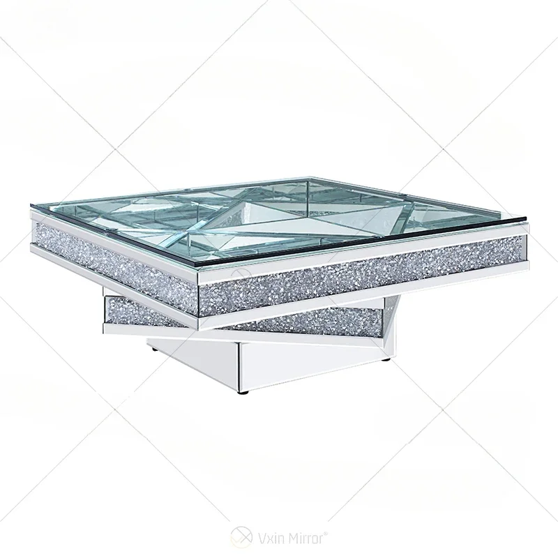 Table basse en verre argenté avec miroir en diamant cassé scintillant, table centrale décorative, salon moderne, luxe