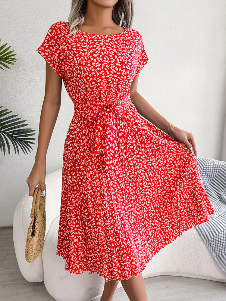 Ficusrong Fashion Floral Pleated A Line Long Dress Women Spring Summer Short Sleeve High Waist Chic Dress