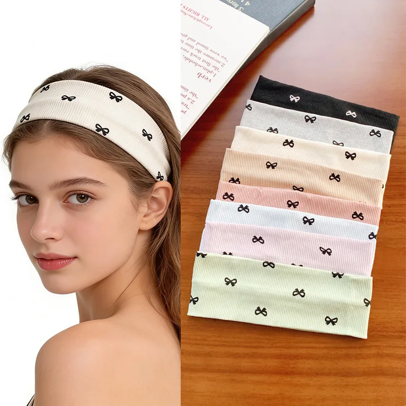 

Модная корейская черная вязаная повязка на голову с бантом и принтом для женщин, разноцветные широкие повязки для волос, мягкие дышащие спортивные повязки на голову для йоги