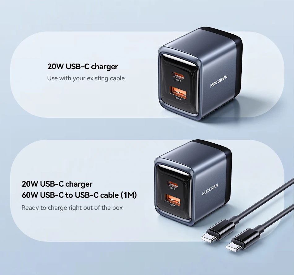 Rocoren 20W GaN PD Schnellladegerät USB-C Ladegerät Tragbares Typ-C Ladegerät PD3.0 QC3.0 Schnellladung für iPhone 18 17 16 15 Pro Max – Detail 29