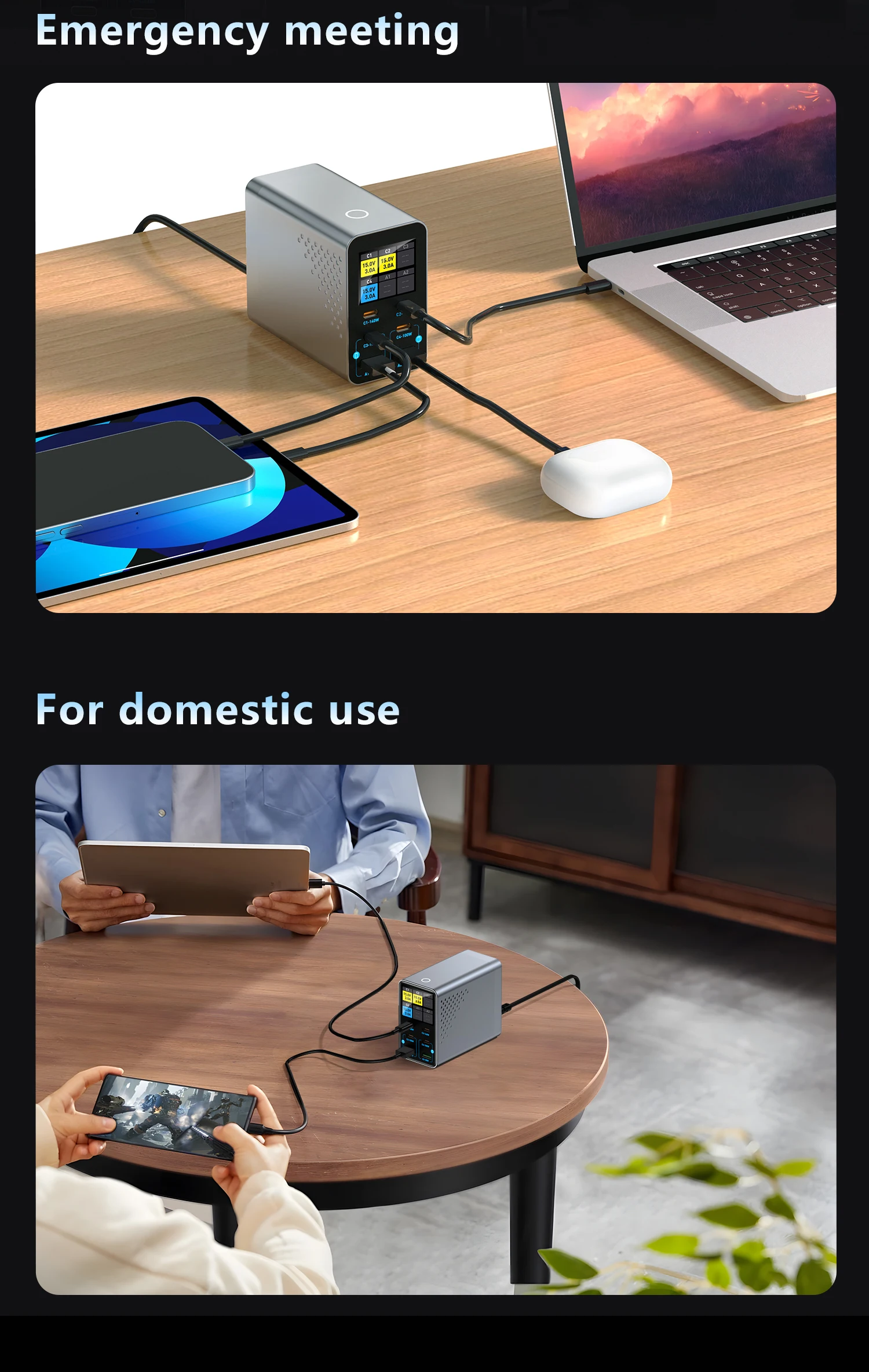 140W 6-Port GaN USB-C Ladestation mit LCD Smart Display Desktop-Schnellladegerät für Mehrere Geräte – Detail 8