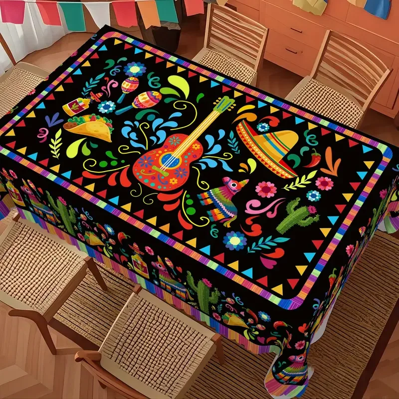 Rechteckige Tischdecke mit mexikanischem Motiv, bunt, Blumengitarre, Fiesta-Party-Dekoration, Mexiko-Tag der Toten, Tischdecken, Tischdekoration