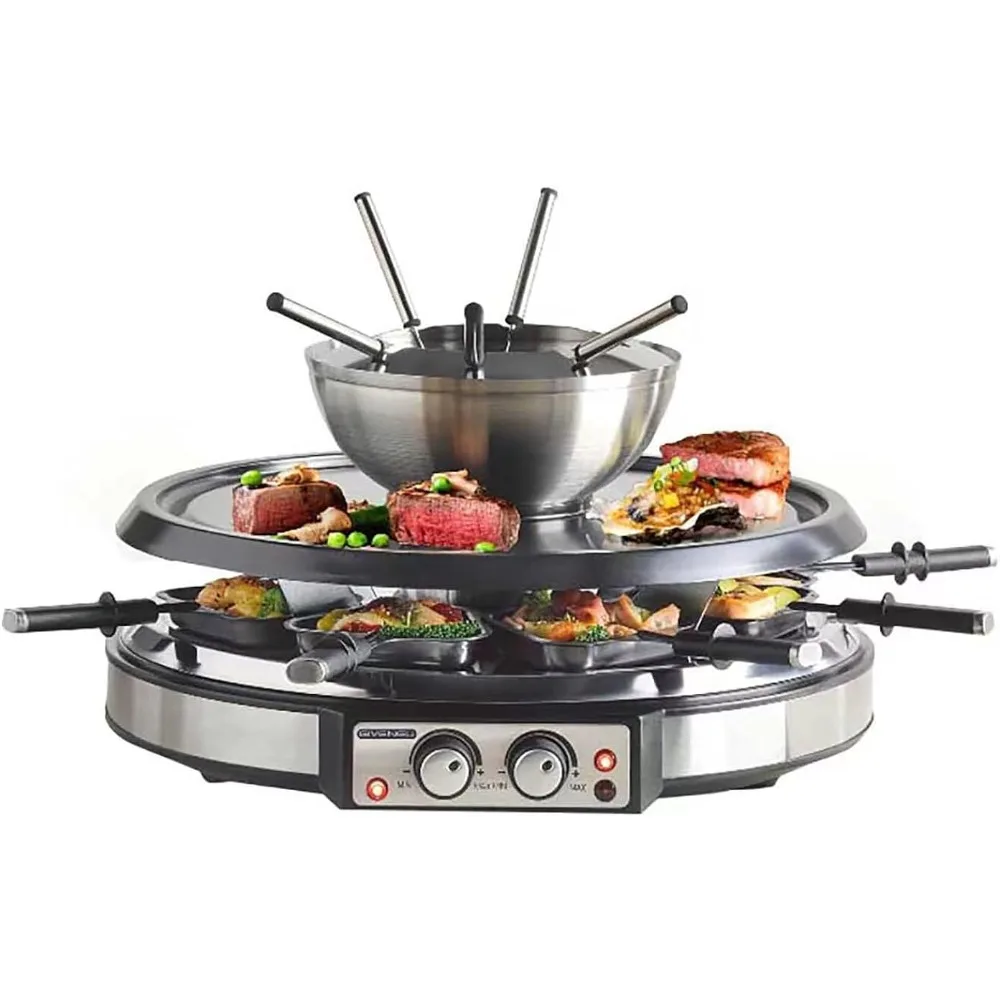 GIVENEU Electric Fondue 8 Forks and Electric Raclette, Dual Adjustable Thermostats, Perfect Fondue Grill Combo for Family Fun