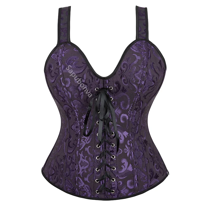 Purple Corset Top With Straps Sexy Bustier Zipper Brocade Vest Lingerie Plus Size Gothic Overbust Corselet For Women Outfit