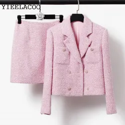 Pink tweed jacket+skirt set, autumn and winter women's 2-piece set, classic and elegant suit with small fragrance set