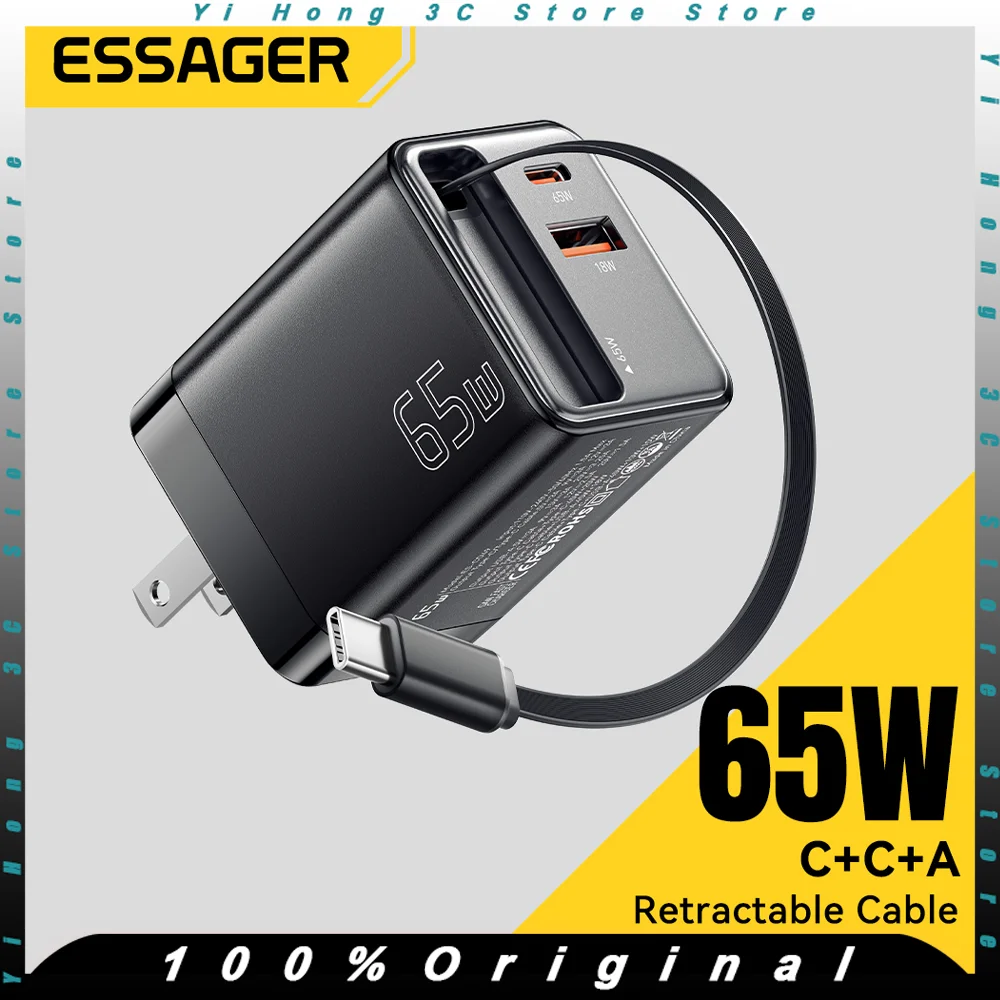 

Essager 65W GaN Charger PD Fast Charging with Retractable Cable Quick Charge 4.0 3.0 For iPhone 16 15 14 Xiaomi Laptop Huawei