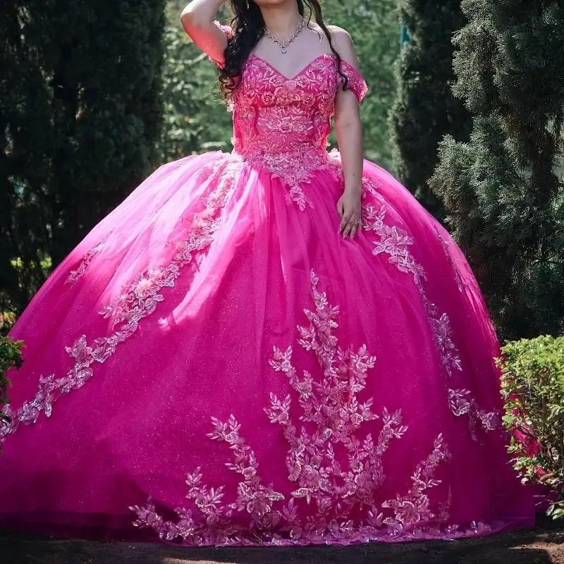 Customized Rose Red Shiny Quinceanera Dresses Ball Gown Sweetheart Sequin Applique Lace Beading Tulle vestidos de 15 años