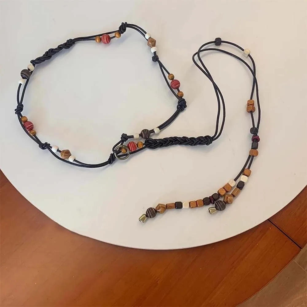 خمر الراتنج الخشب الخرز حزام بولي Adjustable العرقية نمط النسيج حزام الجينز ديكور البني الرجعية شرابة الخصر سلسلة حلية