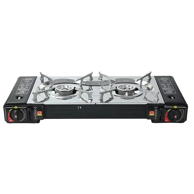 Outdoor Camping and Picnic Portable Double Burners Simple Style Gas Stove Hiking Beach Windproof Automatic Mental Butane Stove